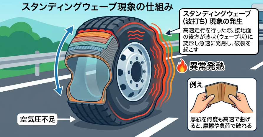 空気圧が低い状態で高速走行を続けると変形と急速な熱がタイヤ内に発生